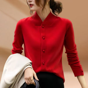 Elegant Knitted Slim Fit Long Sleeve Stand Collar New Year Red Single Button Womens Open Cardigan Fashionable Premium Design