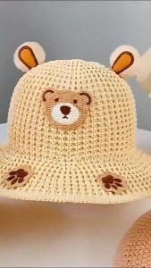 Cute Bear Childrens Bucket Hat with Adjustable Wide Brim UV Protection Breathable Baby Sun Hat