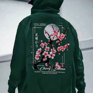 2025 Fashion Mens Autumn Cherry Blossoms and Moon Printed Patterns Soft and Comfortable Hoodie Outdoor Streetwear