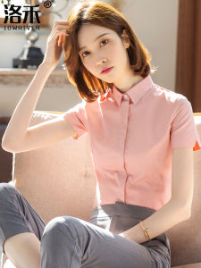 เสื้อเชิ้ตลายสก็อตคอโปโลแขนสั้นสีชมพูสำหรับผู้หญิง ทรงเข้ารูป สไตล์เกาหลี ผ้าฝ้ายผสมโพลีเอสเตอร์ ฤดูร้อน 2024