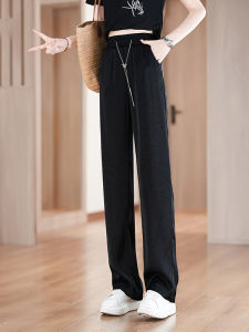 กางเกงขายาวผ้าไหมน้ำแข็งเอวสูงทรงหลวมสำหรับผู้หญิง กางเกงขายาวทรงตรงเอวยางยืดทรงเข้ารูปสำหรับฤดูร้อนปี 2025