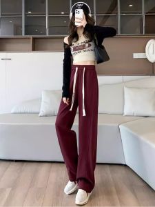 High Waist Loose Straight Leg Sports Casual Pants for Taller Women Banana Pants Autumn Spring Wine Red Casual Trousers