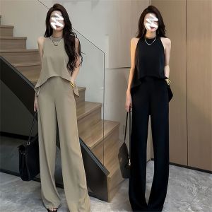 Fashionable Ladylike Two-Piece Set Womens Summer Sleeveless Slimming Wide Leg Pants Neck Hanging High Waist Design Polyester Fiber