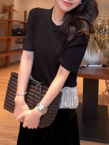 QINGNAER | Áo Thun có Dây Tassels Lấp Lánh bằng Organza Elegance