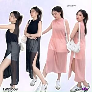 TW20559 set 2 ชิ้น เสื้อชีฟองแขนกุดตัวยาว + กางเกงขาสั้น