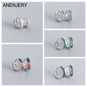 ANENJERY Colored Square Zircon Circle Hoop Earrings for Women Simple French Silver Color Geometric Huggies Gift pendientes