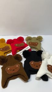 Topi kupluk bayi pom pom perempuan motif beruang bear topi bayi cewek umur 3 bulan sampai 2 tahun