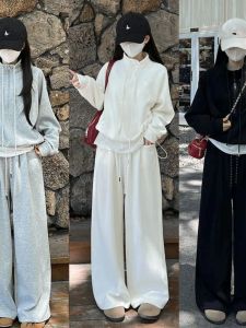 Casual High Waist Wide Leg Pants Set Womens Loose Fit Sweatshirt Two Piece Suit Autumn New Style Slimming Design Sense