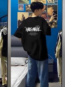 เสื้อยืดแขนสั้นผ้าฝ้ายแท้สไตล์อเมริกันย้อนยุคสำหรับผู้ชายในช่วงฤดูร้อน ทรงหลวม สวมใส่สบาย เสื้อยืดแขนสั้นทรงหลวม