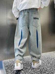 Boys Casual Cotton Denim Jeans mid Waist Wide Leg Pants Spring Autumn Wear Comfortable Breathable Non-Stretch Elastic Waist