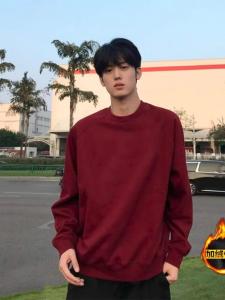 Red Wine Color Fleece Lined Long Sleeve Mens Hoodie round Neck Pullover Autumn Winter Casual Wear Comfortable Loose Fit Shirt