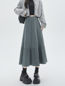 High Waist Knitted Grey Half Skirt Womens Autumn Winter New Style A-Line Midi Skirt Polyester Fiber Elastic Fiber Pressed Pleats