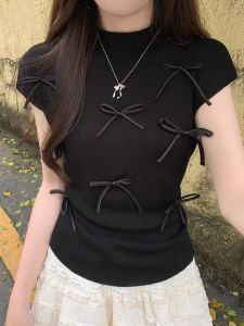 Áo Thun Tay Ngắn Phong Cách Ngọt Ngào Kiểu Mỹ Dành Cho Nữ Mùa Hè 2025 Áo Len Dệt Kim Thiết Kế Nơ Bướm Thời Trang INS