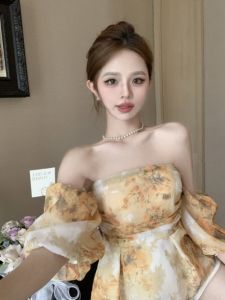 GUZILIAN | Áo sơ mi voan cổ chữ V hở vai gợi cảm ôm eo hoa phong cách Hàn Quốc mùa hè cho nữ