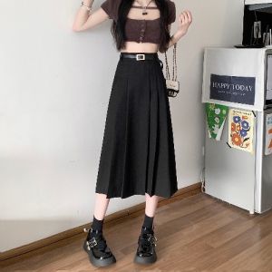 Khaki A-Line Pleated High Waist Petite Suit Skirt for Spring and Autumn