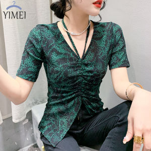 YIMEI Áo Thun Không Chính Quy Thiết Kế Hàn Quốc Cho Nữ 2023 Áo Thun Nữ Cổ Chữ V Treo Cổ Mới Nhất Ngắn Tay Gợi Cảm Đa Năng Phong Cách Phương Tây Áo Lưới