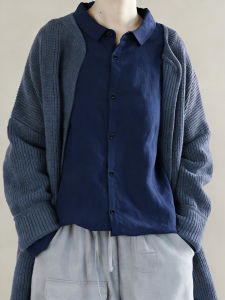 XIAOMENG | Áo Sơ Mi Cotton-Linen Thanh Lịch Retro Màu Xanh Hải Quân Dáng Rộng