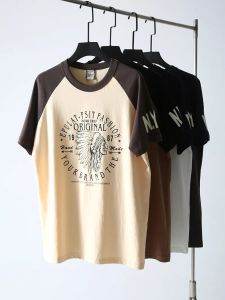 100 Cotton Brushed Washed! Comfortable Soft and Breathable! Fashion Print! Contrast Color Raglan Short-Sleeved T-shirt Mens Summer
