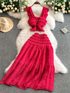 Bộ Đồ Hai Mảnh Cạp Cao Xếp Ly Tay Áo Mùa Hè Màu Hồng Thời Trang Nữ Giản Dị Cho Kỳ Nghỉ Mát