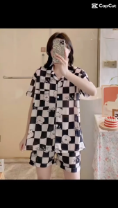 Smile_Home  เชตชุดนอนผู้หญิงลายกราฟิก ชุดนอนคอปก+เเขนสั้น+ขาสั้น ลายการ์ตูนน่ารักมากเวอร์  เนื้อผ้าคุณภาพดี ใส่สบาย