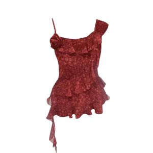 YUEZHONGWEI | Áo ba lỗ không tay kiểu Pháp cho nữ mùa hè độc đáo đẹp thắt eo màu đỏ viền hoa áo vest khoét sâu cổ chữ V