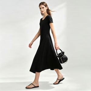 AMII | Summer New Arrival Casual U-Neck Short Sleeve A-Line Little Black Dress
