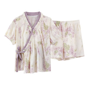 Áo ngủ mùa hè MiiOW cho nữ làm vải cotton in hoa cổ chữ V quần ngắn