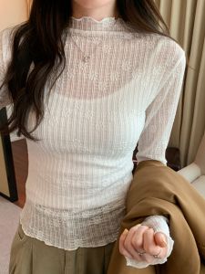 French Lace Long Sleeve T-Shirt Womens Base Shirt Inner Wear Top Pure Color Slim Fit Nylon Fabric Autumn 2025 New Style