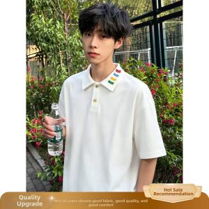 ZHUOCAN | White Embroidered Short Sleeve Polo Tshirt for Summer