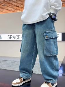New Cargo Jeans for Kids Boys 7-16years old Big Pockets Loose Jeans Denim Jeans Straight Leg Pants Childrens Boy Cowboy Wide Leg Trousers New Style Fashion Retro Trendy Casual Jeans