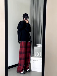 Quần nữ kẻ karo ống rộng chất dạ dày dặn Quần caro vải dạ dày dặn cạp chun co giãn thỏa mái