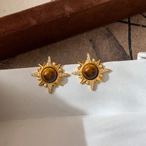 CAFFTI | Earrings Tigers Eye Gemstone Golden Sunflower Elegant Retro