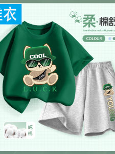New 2025 Boys Summer Outfit Loose Short Sleeve Two-Piece Set Comfortable Breathable Cotton Casual Wear for Kids