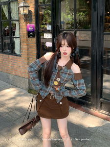 Sweet and Cool Style Plaid Off-Shoulder Shirt and A-Line Skirt Set