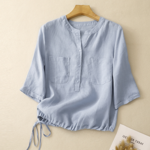 Casual Cotton Linen Blouse for Women Summer Quarter Sleeve Button-up Loose Fit Versatile Underarm Sash Linen Shirt Thin