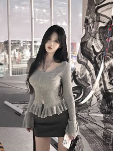 Áo Len Dệt Kim Ôm Vừa Vặn Cạp Cao Thiết Kế Dài Tay Cổ Treo Viền Bèo Nhún Bên Trong Áo Len Dệt Kim Phong Cách Hàn Quốc Mùa Thu