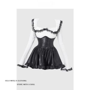 Plus Size Ladies Pure Desire Style Lace Patchwork Contrast Color Tops Female Early Autumn 2024 Sweet and Spicy Halterneck Strap Leather Skirt Suit