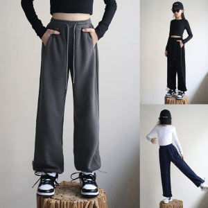 Girls Velvet Pants Autumn and Winter Casual Pants Western Style Childrens Sweatpants Single-Layer Fleece-Lined Straight Drawstring Sports Wide-Leg Pants