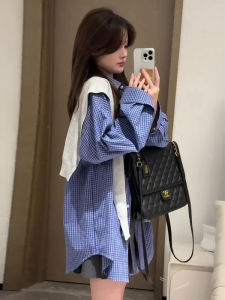 Blue Plaid Shirt Womens Korean Style Spring Autumn Fashion Top Unique Beautiful Small Shirt Long Sleeve Button Detail