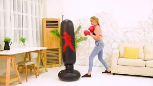 Black Freestanding Inflatable Punching Bag for Stress Relief Balance Coordination and Self-Confidence Improvement. Suitable for Adults and Kids.