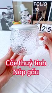 Cốc Thủy Tinh Nắp Gấu Tặng Kèm Muỗng Xinh Xắn Dung Tích 450ml Cốc Đựng Nước Thủy Tinh