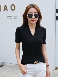 Kaus lengan pendek populer gaya Korea kemeja populer musim panas atasan V-neck ketat murni seksi