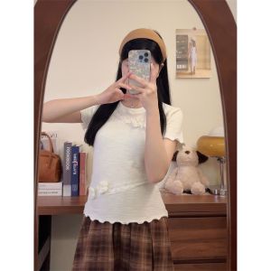 เสื้อยืดแขนสั้นผ้าฝ้ายแท้ลูกไม้ดอกไม้ทรงเอ ทรงสลิมฟิต แขนสั้น ทรงเข้ารูป แฟชั่นฤดูร้อนสำหรับผู้หญิง