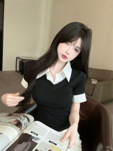 GUZILIAN | Áo thun cổ polo dệt kim tay ngắn phong cách Pháp trẻ trung mùa hè thiết kế áo sơ mi nữ đại học thanh lịch tay ngắn cổ polo áo len