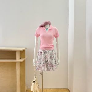 VKSOD | Womens Polo Neck Short Sleeve Knitted Top Casual Floral Skirt Two Piece Set Lightweight Elegant Style Summer Collection