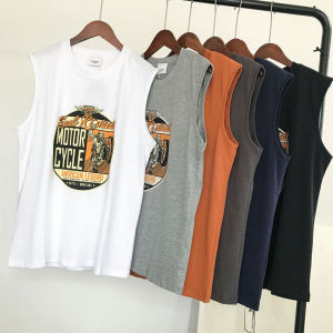 Mens Summer Comfortable Pure Cotton round Neck Sleeveless Print American Street Style Vest Youth Fashion Sweat Vest