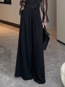 French High Waist Wide Leg Suit Pants Womens Black Drapey Floor-Length Loose Fit Trousers Autumn New Style Elegant Lady