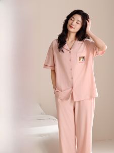 MiiOW | Pure Cotton Sleepwear Womens Loose Casual Short Sleeve Long Pants Home Clothes Set 2025 New Style Comfortable Breathable Skin-friendly