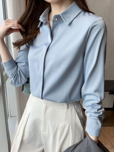 Elegant Long-Sleeve Womens Blouse in Satin Material with POLO Collar for Business Attire in Spring/Autumn Slim Fit and Wrinkle-Resistant
