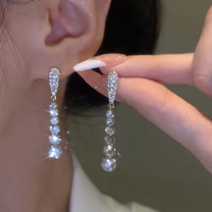 【PrettySet】Ins Super Flash Zircon Water Drop Earrings Female French Long Tassel Earring Studs Temperament Ear Accessories Tide